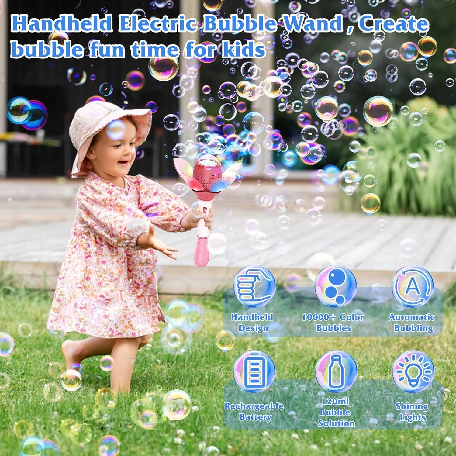 Electric Bubble Wand for Kids, Light Up Automatic Bubble Machine Blower with Lights/10000  Bubbles/120ml Solution, Rechargeable Flower Bubble Wand Maker Toys for Outdoor Party Wedding