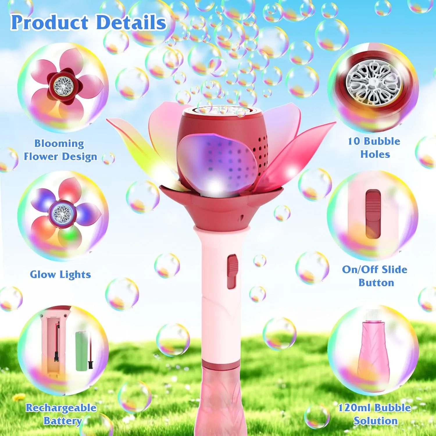 Electric Bubble Wand for Kids, Light Up Automatic Bubble Machine Blower with Lights/10000  Bubbles/120ml Solution, Rechargeable Flower Bubble Wand Maker Toys for Outdoor Party Wedding