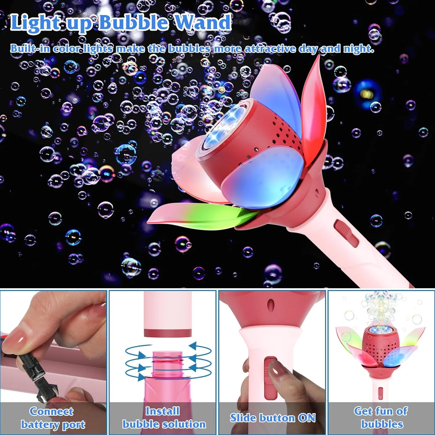 Electric Bubble Wand for Kids, Light Up Automatic Bubble Machine Blower with Lights/10000  Bubbles/120ml Solution, Rechargeable Flower Bubble Wand Maker Toys for Outdoor Party Wedding