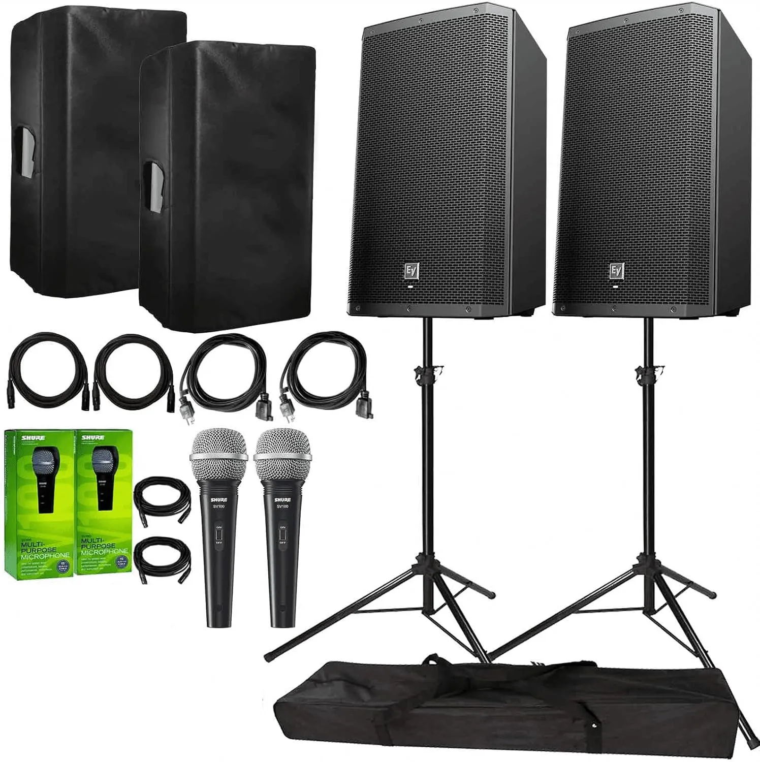 Electro-Voice ZLX-15BT Active 15″ Bluetooth Speaker Package with 2X Microphones, Cables, Covers, & Stands