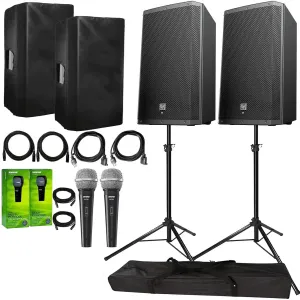 Electro-Voice ZLX-15BT Active 15″ Bluetooth Speaker Package with 2X Microphones, Cables, Covers, & Stands