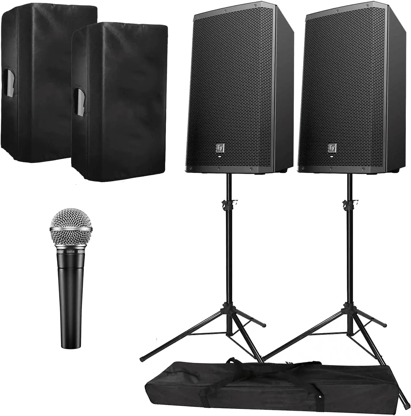 Electro-Voice ZLX-15BT Active 15″ Bluetooth Speaker Package with Vocal Microphone SM58, Covers, & Stands