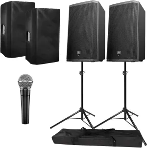 Electro-Voice ZLX-15BT Active 15″ Bluetooth Speaker Package with Vocal Microphone SM58, Covers, & Stands