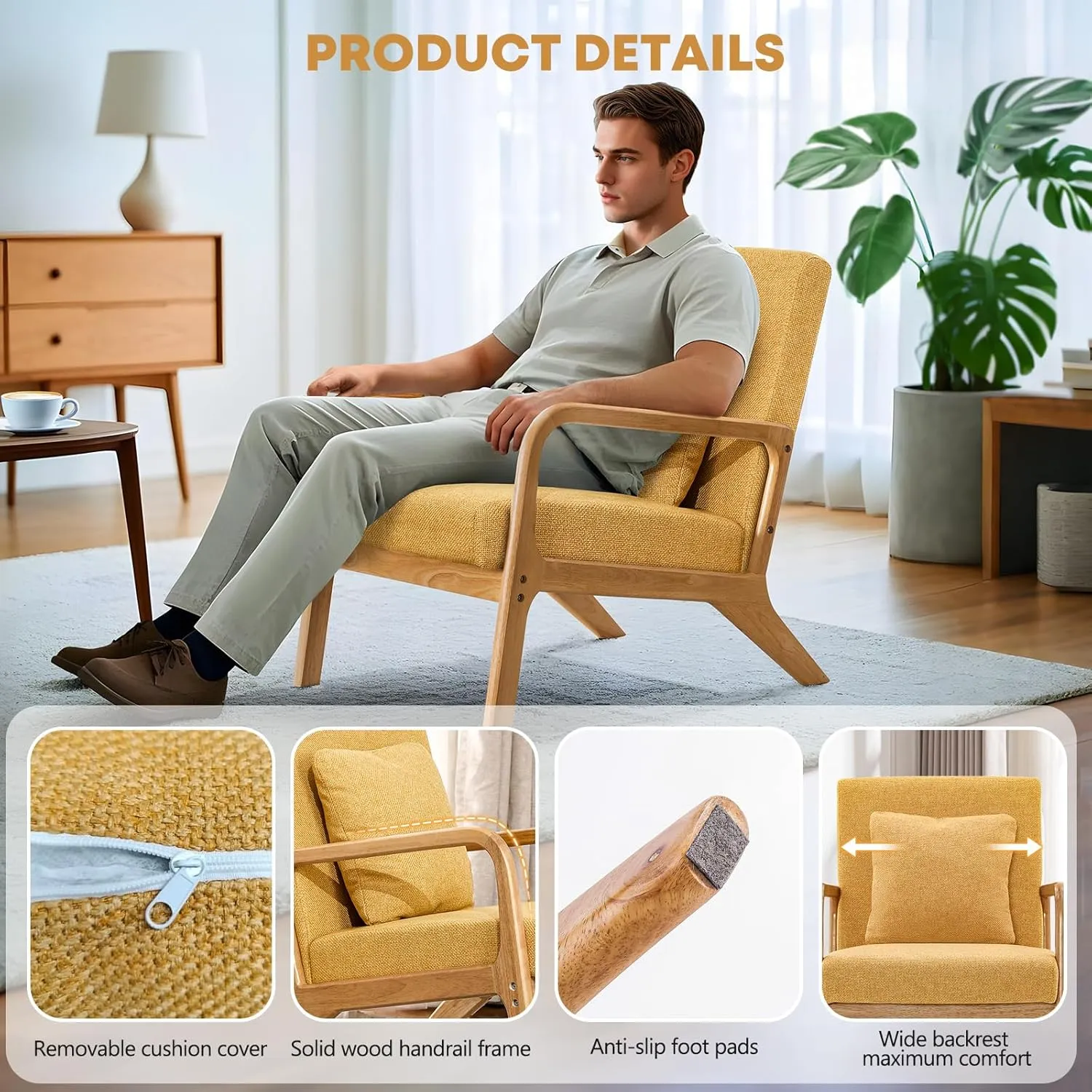 ELUCHANG Accent Chair,Mid-Century Modern Accent Chair,Fabric Reading Armchair,Easy Assembly,Lounge Chair for Living Room Bedroom Apartment (1, Yellow)