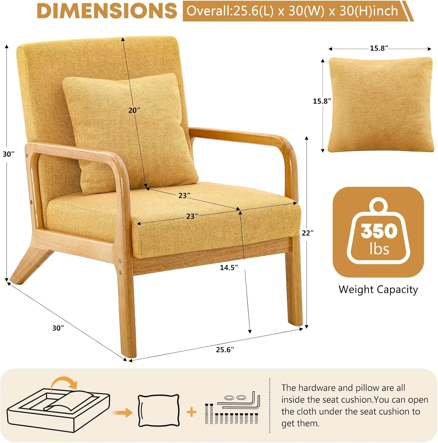 ELUCHANG Accent Chair,Mid-Century Modern Accent Chair,Fabric Reading Armchair,Easy Assembly,Lounge Chair for Living Room Bedroom Apartment (1, Yellow)