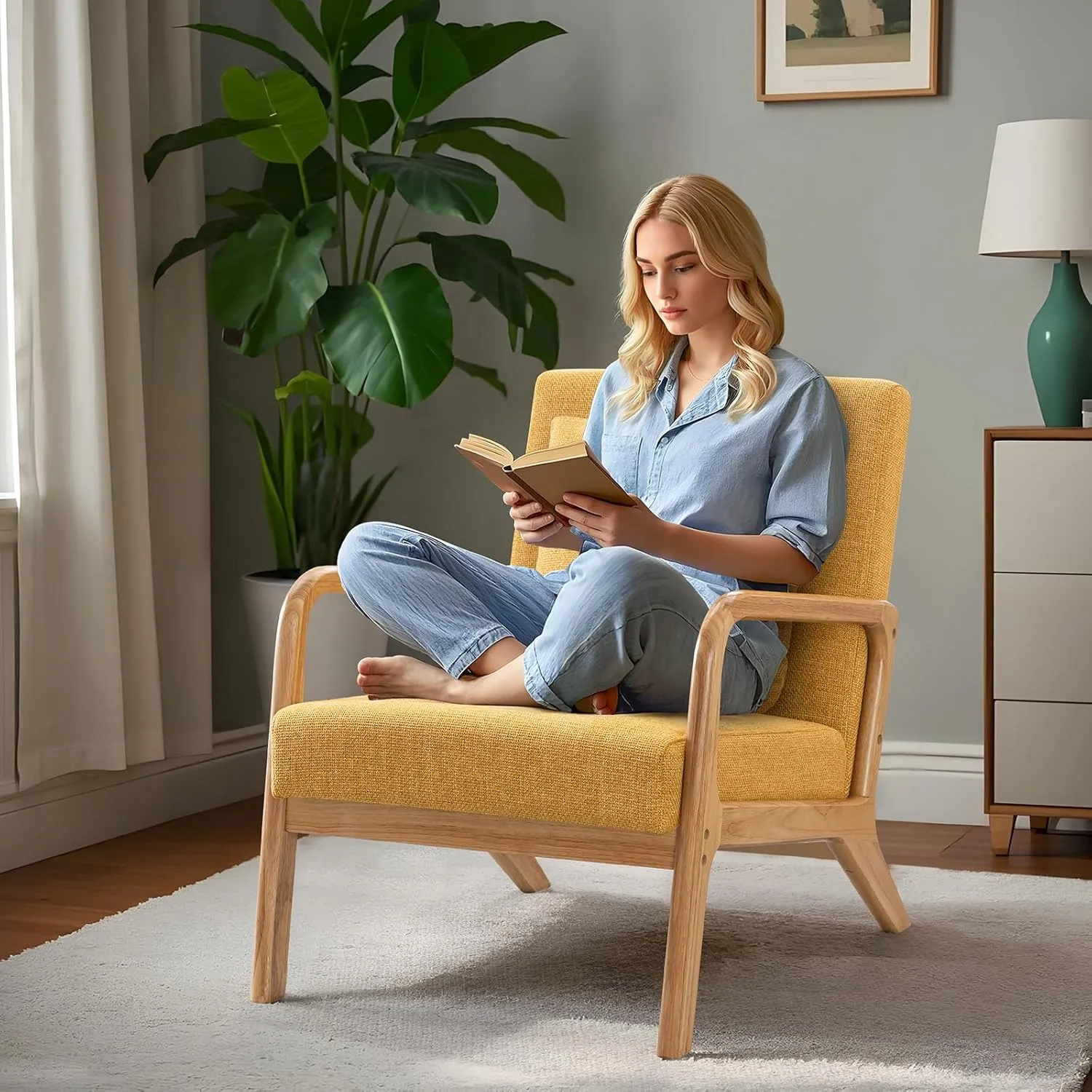 ELUCHANG Accent Chair,Mid-Century Modern Accent Chair,Fabric Reading Armchair,Easy Assembly,Lounge Chair for Living Room Bedroom Apartment (1, Yellow)