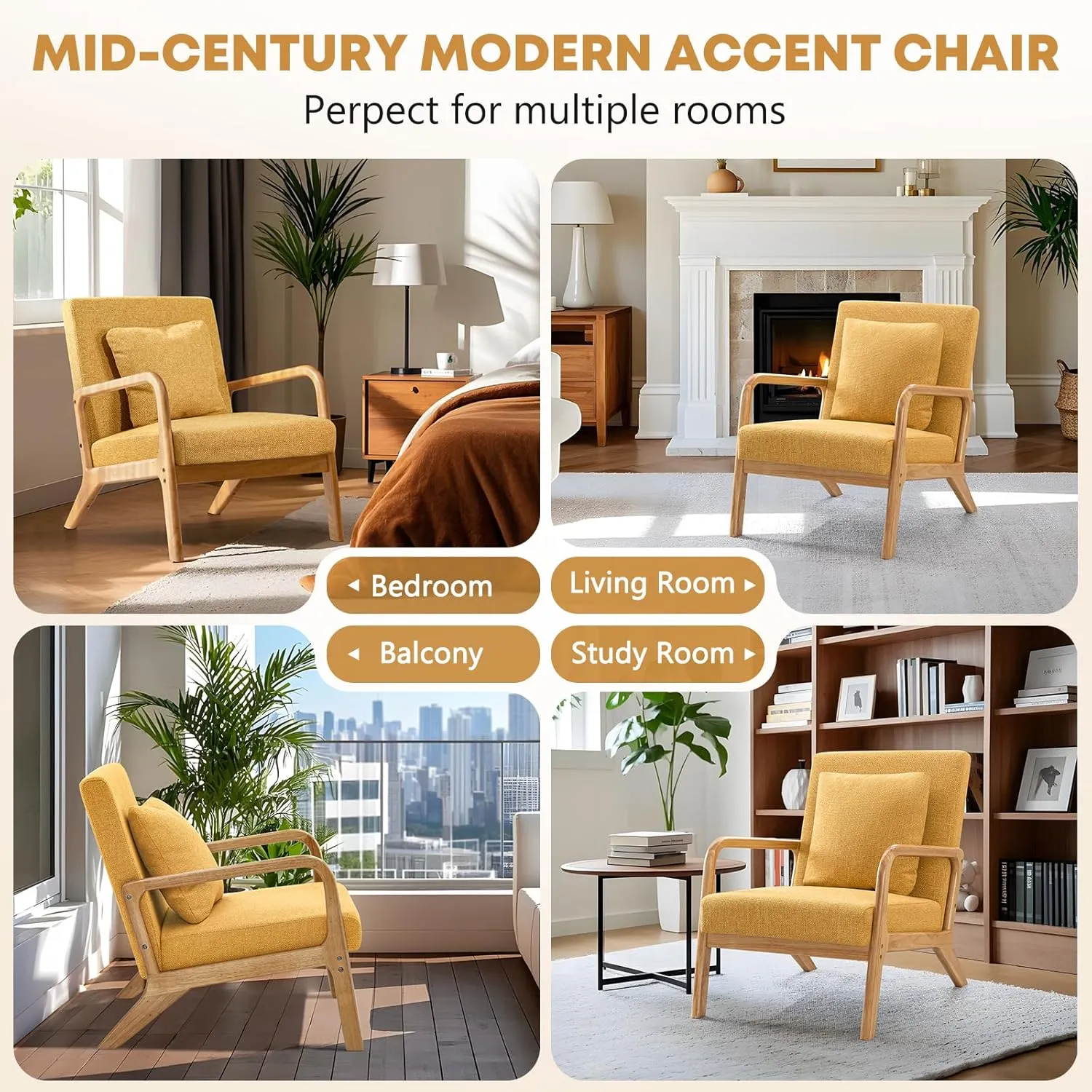 ELUCHANG Accent Chair,Mid-Century Modern Accent Chair,Fabric Reading Armchair,Easy Assembly,Lounge Chair for Living Room Bedroom Apartment (1, Yellow)
