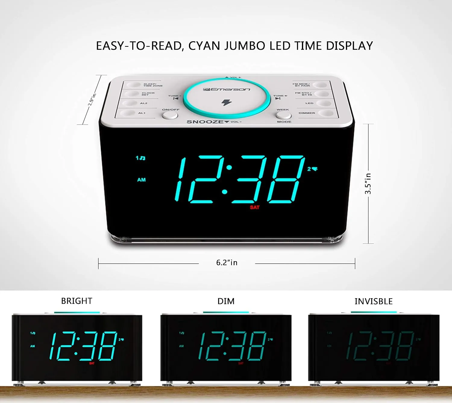 Emerson ER100401 Smartset 15Watt Ultra Fast Wireless Charging Dual Alarm Clock Radio with Bluetooth Speaker, USB Charger, Cyan LED Night Light and 1.4" Display
