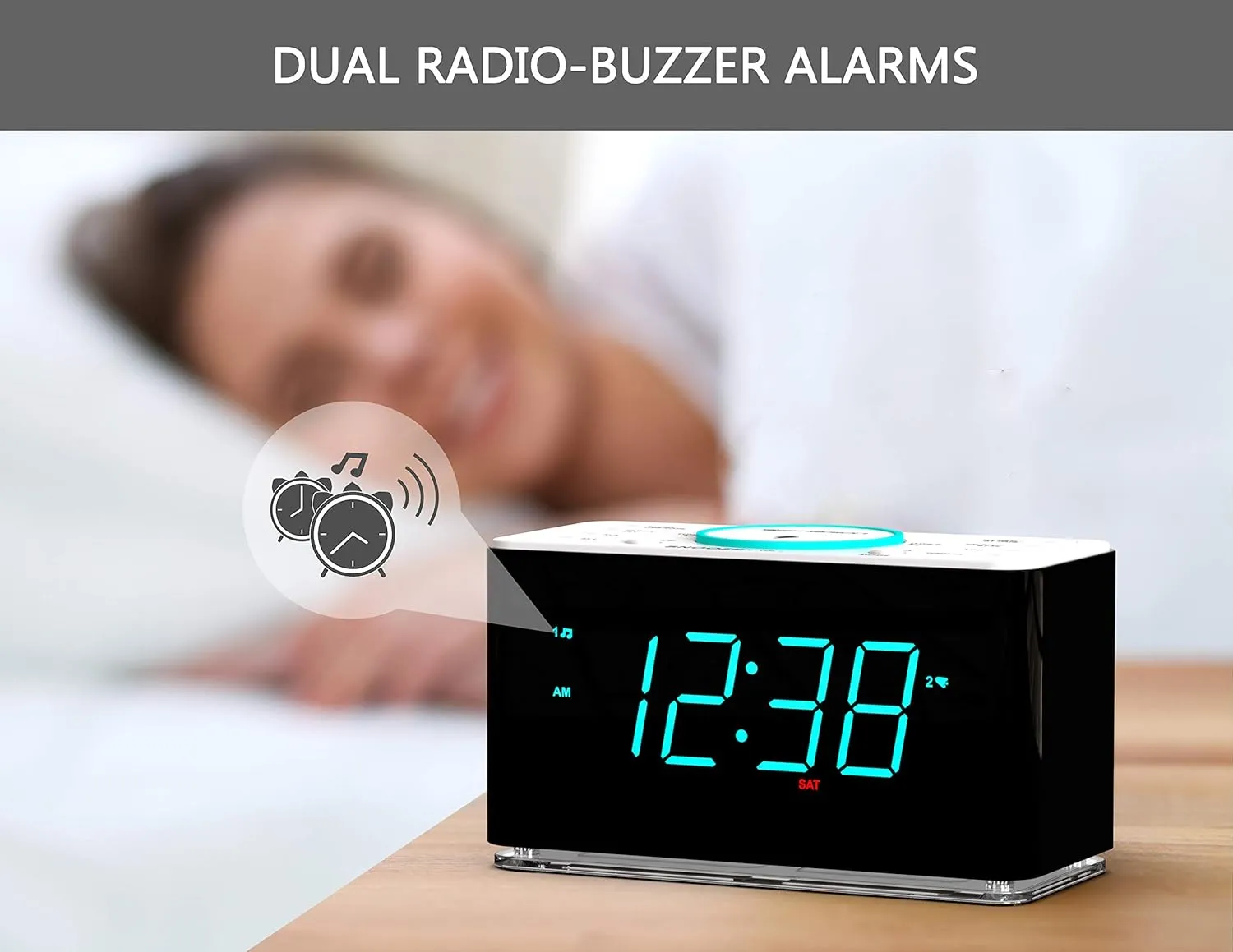 Emerson ER100401 Smartset 15Watt Ultra Fast Wireless Charging Dual Alarm Clock Radio with Bluetooth Speaker, USB Charger, Cyan LED Night Light and 1.4" Display