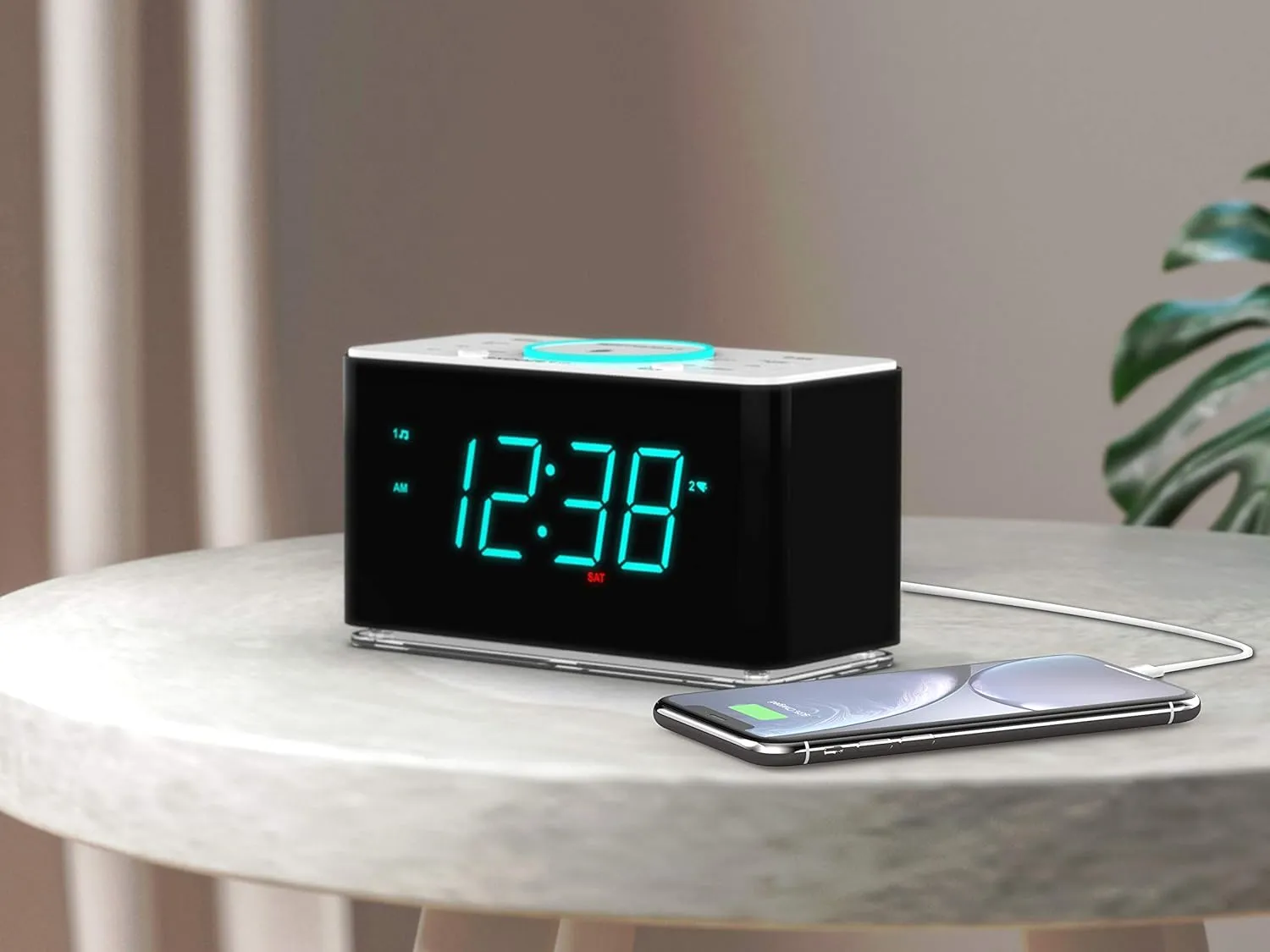 Emerson ER100401 Smartset 15Watt Ultra Fast Wireless Charging Dual Alarm Clock Radio with Bluetooth Speaker, USB Charger, Cyan LED Night Light and 1.4" Display