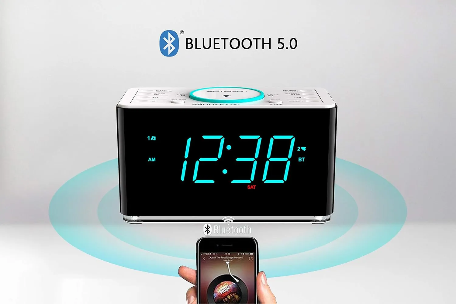 Emerson ER100401 Smartset 15Watt Ultra Fast Wireless Charging Dual Alarm Clock Radio with Bluetooth Speaker, USB Charger, Cyan LED Night Light and 1.4" Display