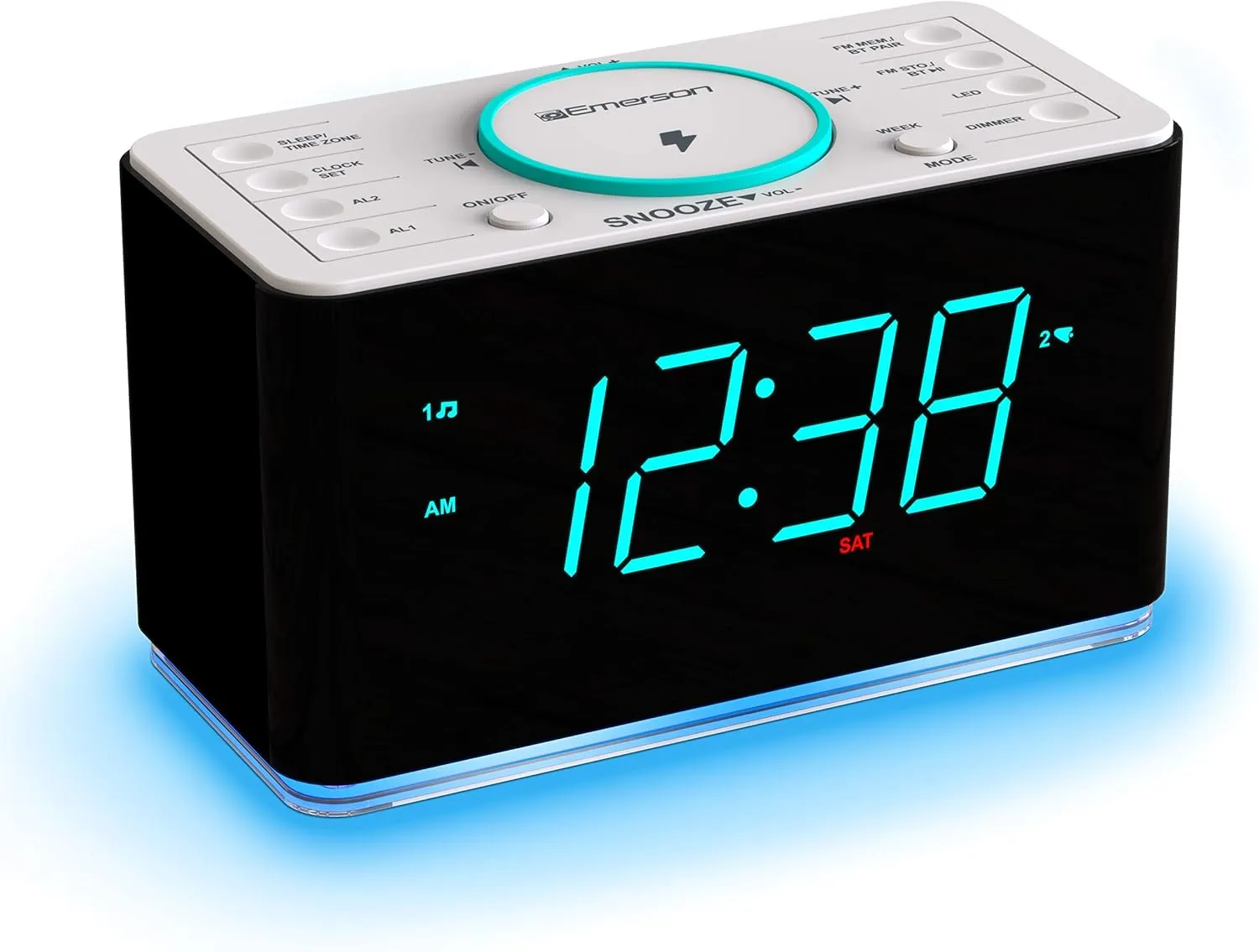 Emerson ER100401 Smartset 15Watt Ultra Fast Wireless Charging Dual Alarm Clock Radio with Bluetooth Speaker, USB Charger, Cyan LED Night Light and 1.4" Display