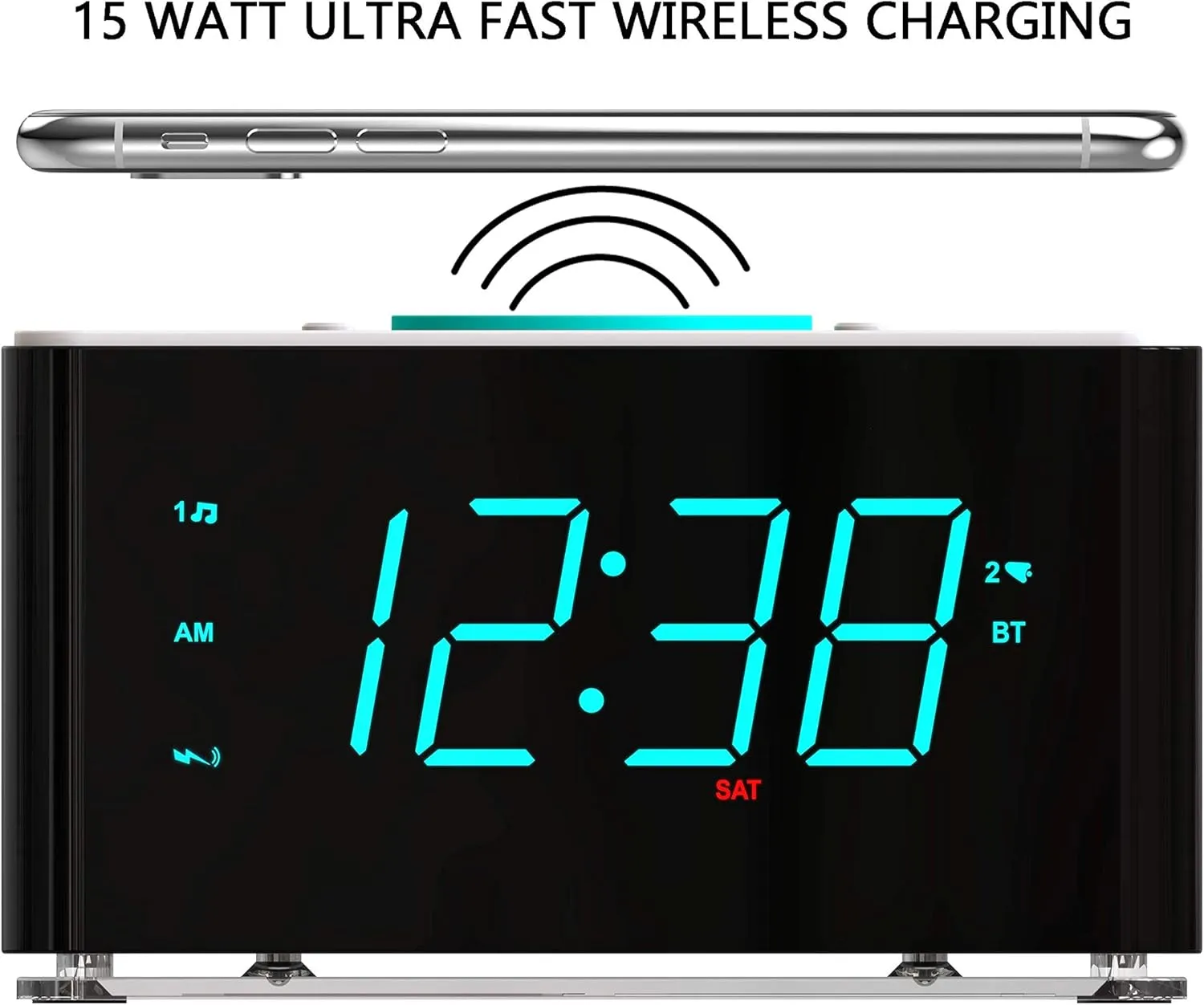 Emerson ER100401 Smartset 15Watt Ultra Fast Wireless Charging Dual Alarm Clock Radio with Bluetooth Speaker, USB Charger, Cyan LED Night Light and 1.4" Display