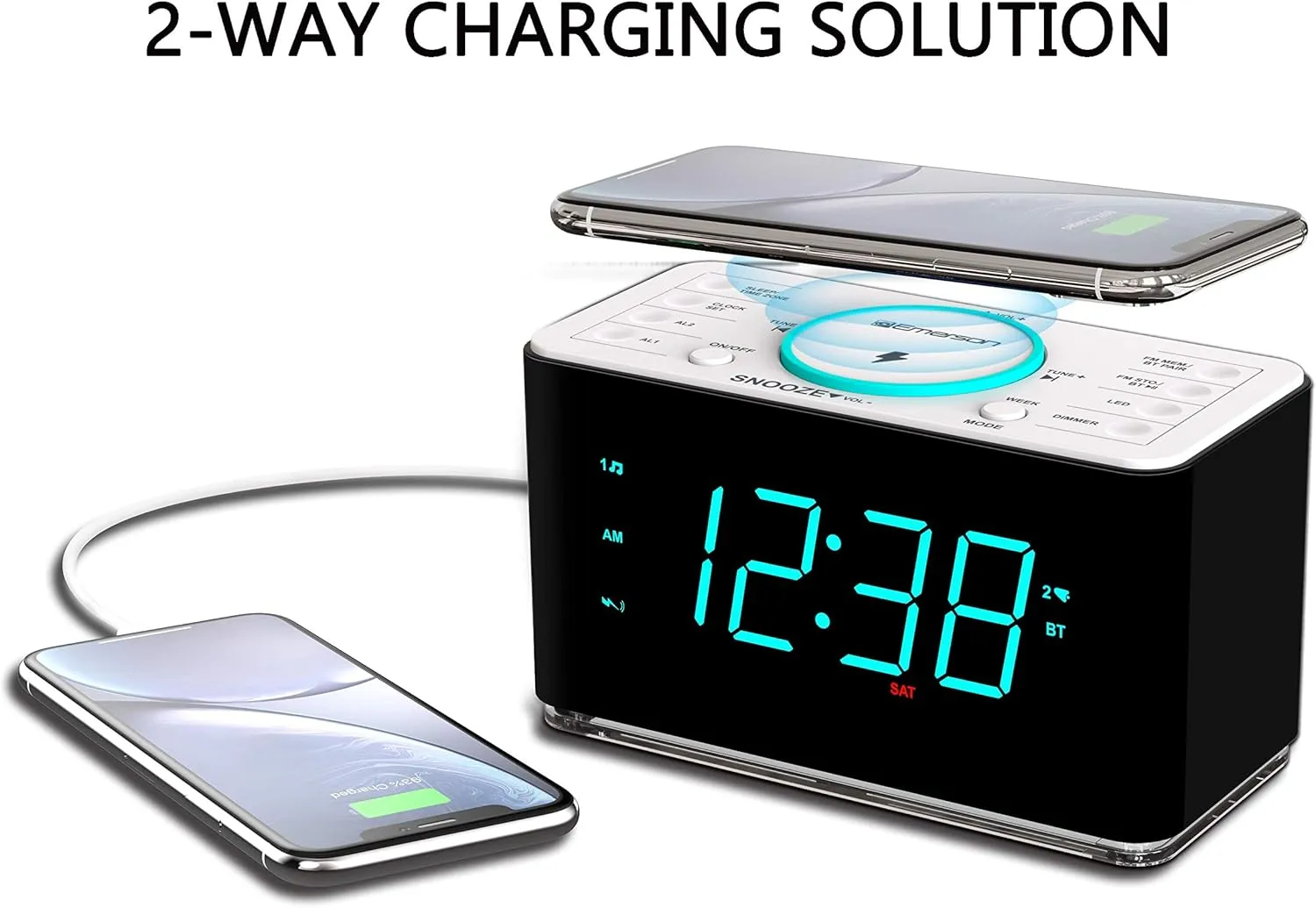 Emerson ER100401 Smartset 15Watt Ultra Fast Wireless Charging Dual Alarm Clock Radio with Bluetooth Speaker, USB Charger, Cyan LED Night Light and 1.4" Display