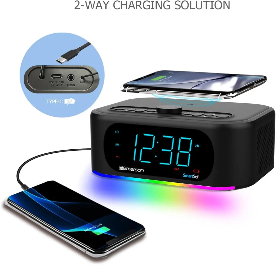 Emerson Smartset 7-Color Bluetooth Speaker - 10W Stereo Sound, 15W Wireless Charging, and LED Lights Changing to Music,Black