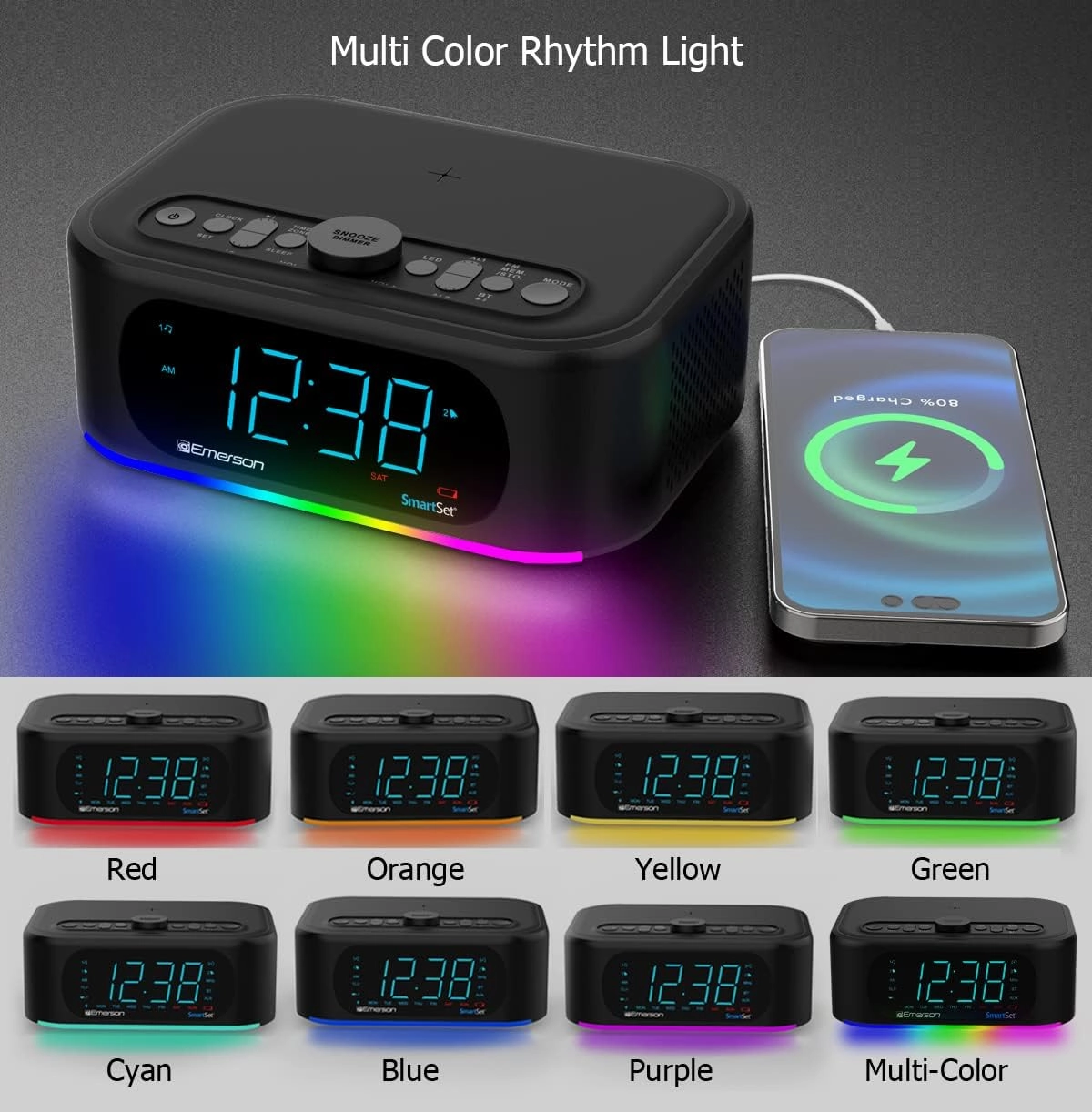 Emerson Smartset 7-Color Bluetooth Speaker - 10W Stereo Sound, 15W Wireless Charging, and LED Lights Changing to Music,Black