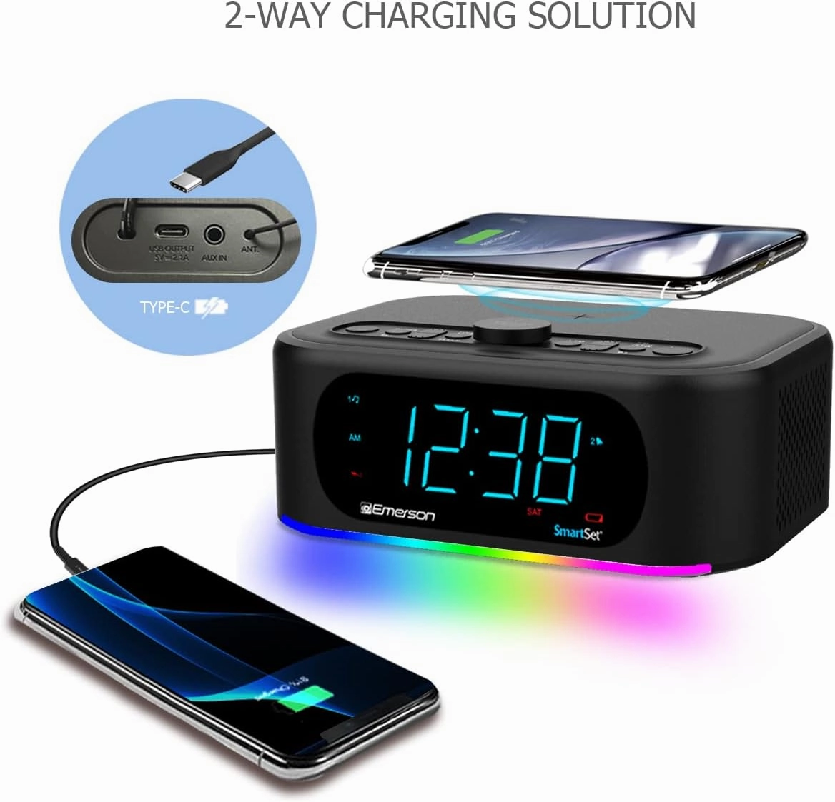 Emerson Smartset 7-Color Bluetooth Speaker - 10W Stereo Sound, 15W Wireless Charging, and LED Lights Changing to Music,Black