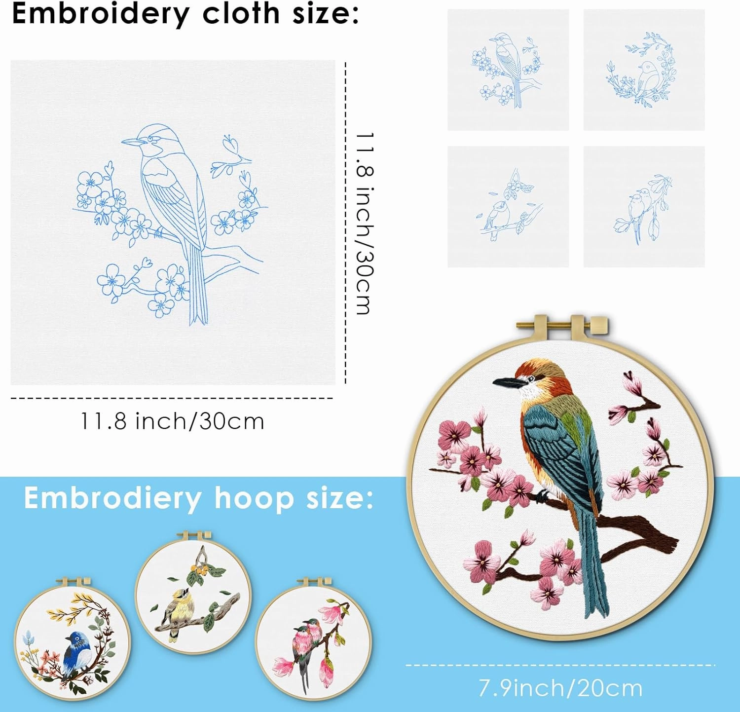 ERKOON 4 Sets Embroidery Kit for Beginners,Hummingbird and Flower Cross Stitch Set for Include Embroidery Cloth Hoops Threads for Craft Lover Hand Stitch (Flowers and Birds)