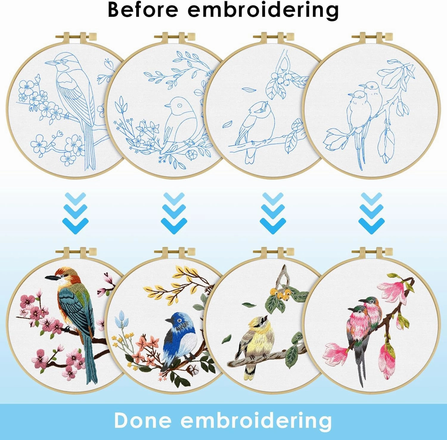 ERKOON 4 Sets Embroidery Kit for Beginners,Hummingbird and Flower Cross Stitch Set for Include Embroidery Cloth Hoops Threads for Craft Lover Hand Stitch (Flowers and Birds)
