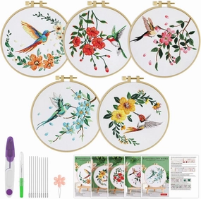 ERKOON 5 Sets Embroidery Kit for Beginners, Hummingbird and Flower Cross Stitch Set for Include Embroidery Cloth Hoops Threads for Craft Lover Hand Stitch with Embroidery Skill Techniques