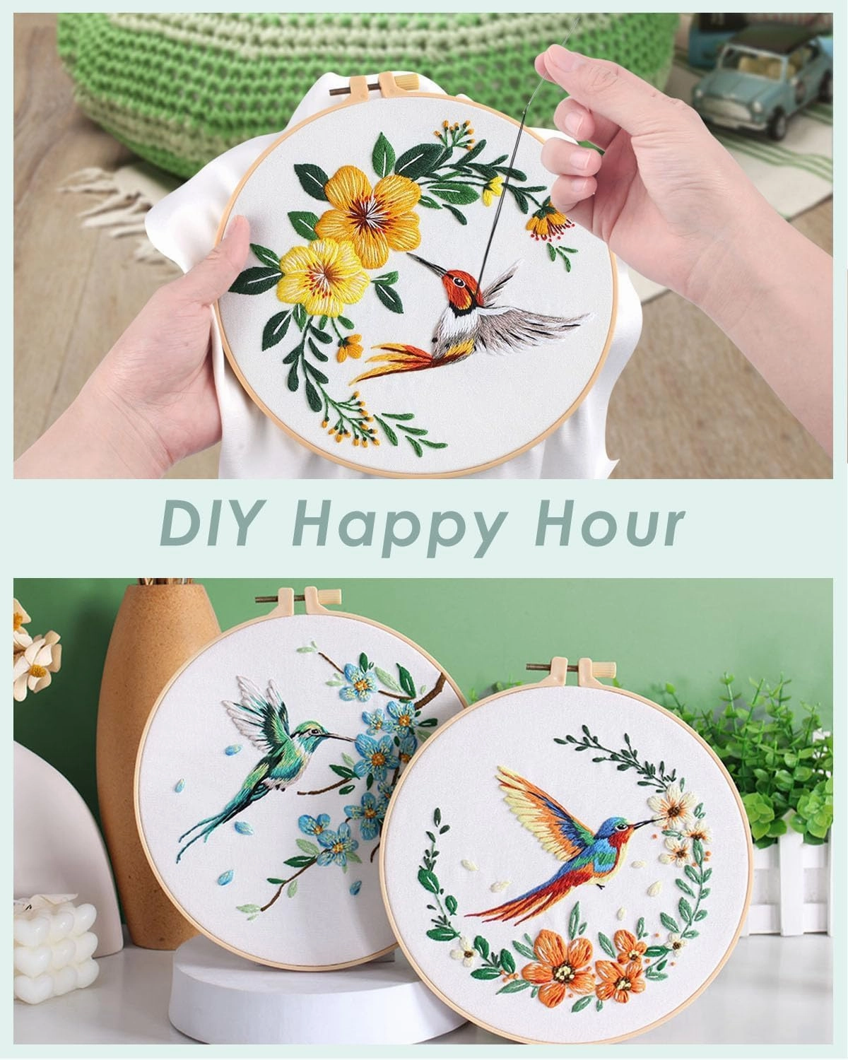 ERKOON 5 Sets Embroidery Kit for Beginners, Hummingbird and Flower Cross Stitch Set for Include Embroidery Cloth Hoops Threads for Craft Lover Hand Stitch with Embroidery Skill Techniques