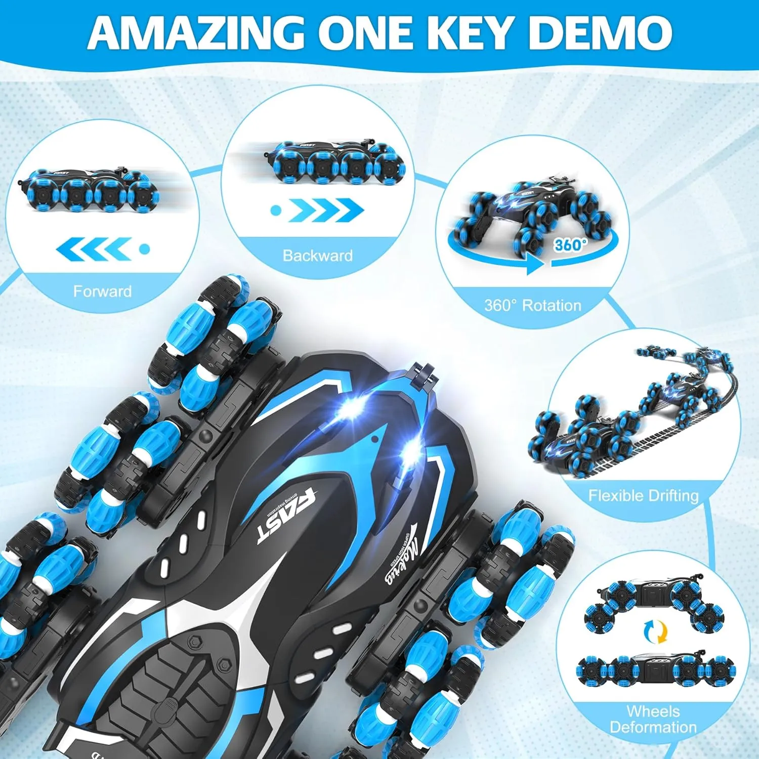 Eulogia 8WD Gesture Sensing RC Stunt Car, 2.4GHz RC Climbing Car with 8 Wheels, 360° Rotation, Drift, One Key Demo, Spray with Lights, All-Terrain RC Crawler Truck for 8-12 Years Boys as Present