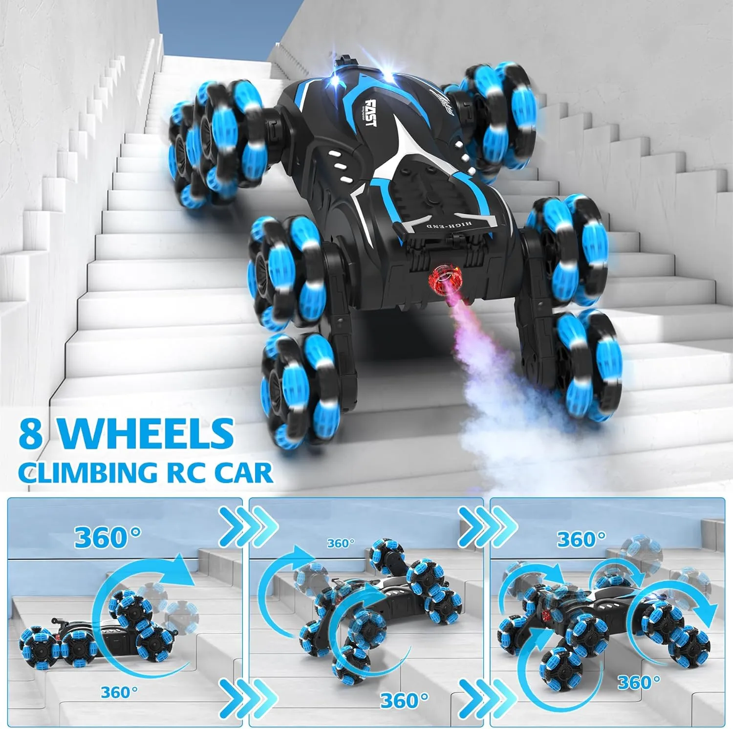 Eulogia 8WD Gesture Sensing RC Stunt Car, 2.4GHz RC Climbing Car with 8 Wheels, 360° Rotation, Drift, One Key Demo, Spray with Lights, All-Terrain RC Crawler Truck for 8-12 Years Boys as Present