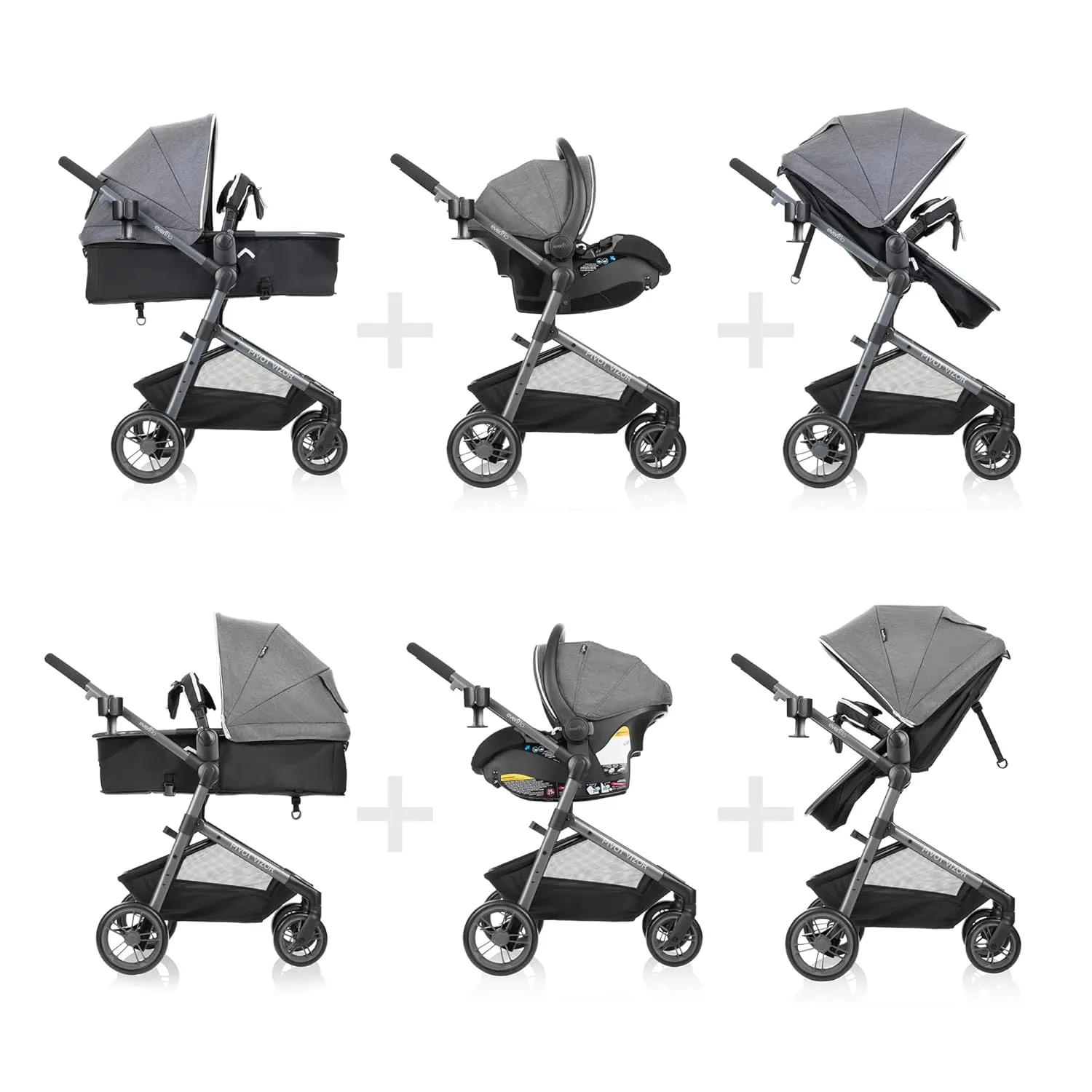 Evenflo Pivot Vizor Modular Reversible Stroller Travel System with LiteMax Infant Car Seat, Available in 6 Modes, Chasse Black