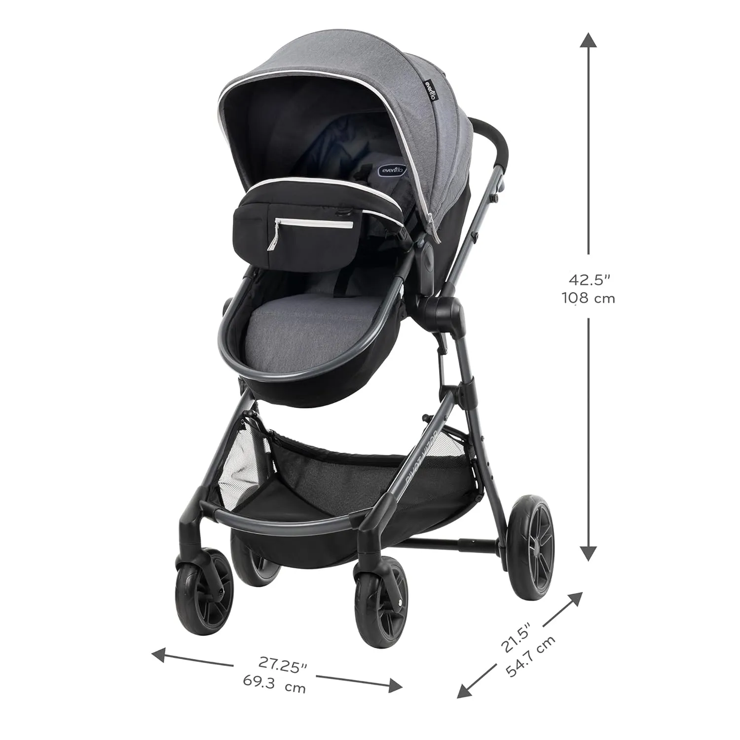 Evenflo Pivot Vizor Modular Reversible Stroller Travel System with LiteMax Infant Car Seat, Available in 6 Modes, Chasse Black