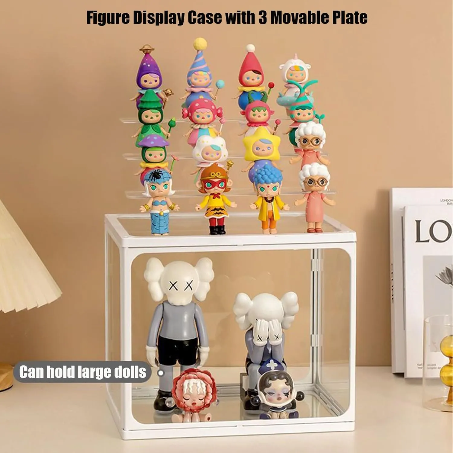 Extra Large Glass Display Case for Figures with Light 3 Tier Clear Display Stand for Collectibles Stackable Assemble Display Box for Action Figures Dustproof Clear Storage Box Showcase for Pop Mart