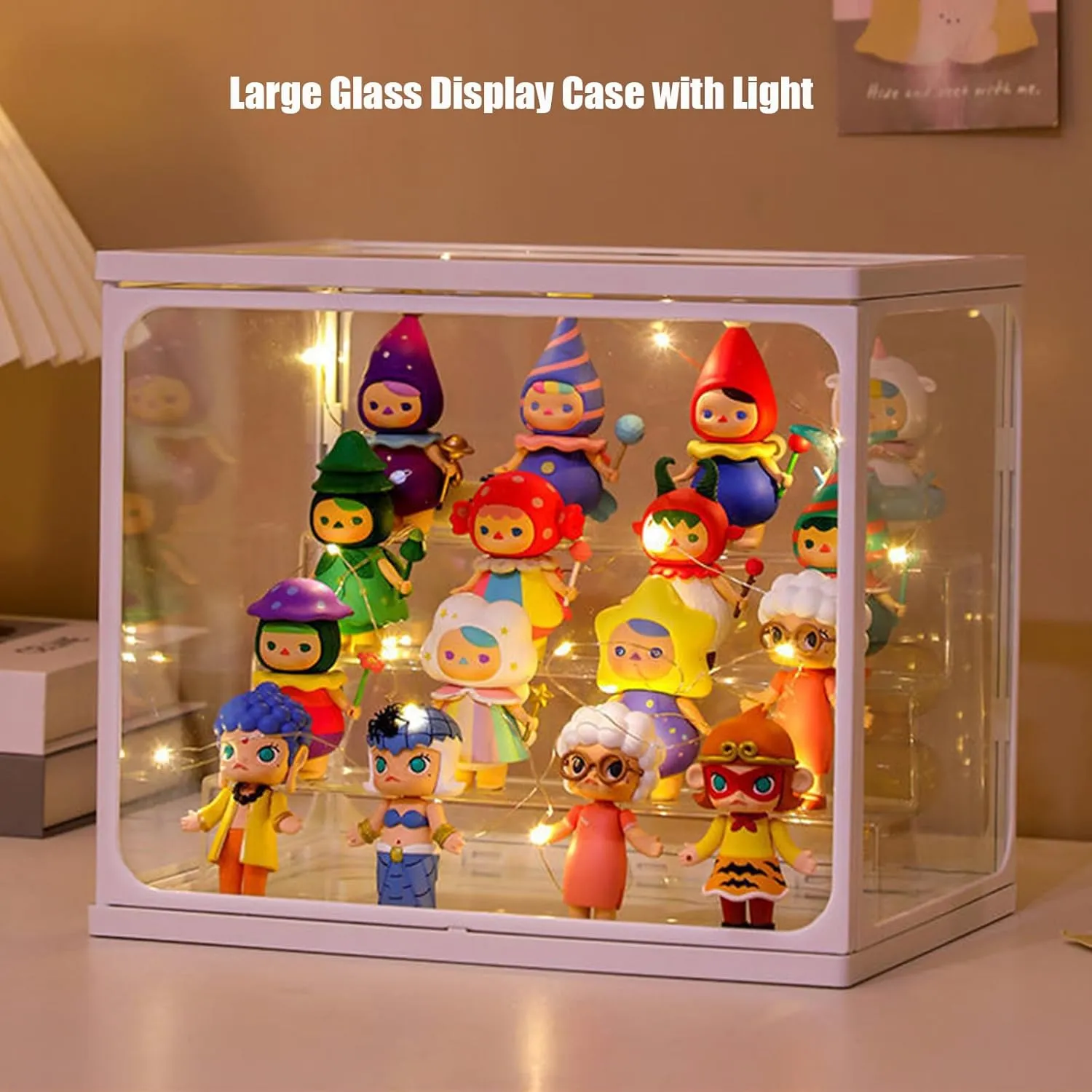 Extra Large Glass Display Case for Figures with Light 3 Tier Clear Display Stand for Collectibles Stackable Assemble Display Box for Action Figures Dustproof Clear Storage Box Showcase for Pop Mart