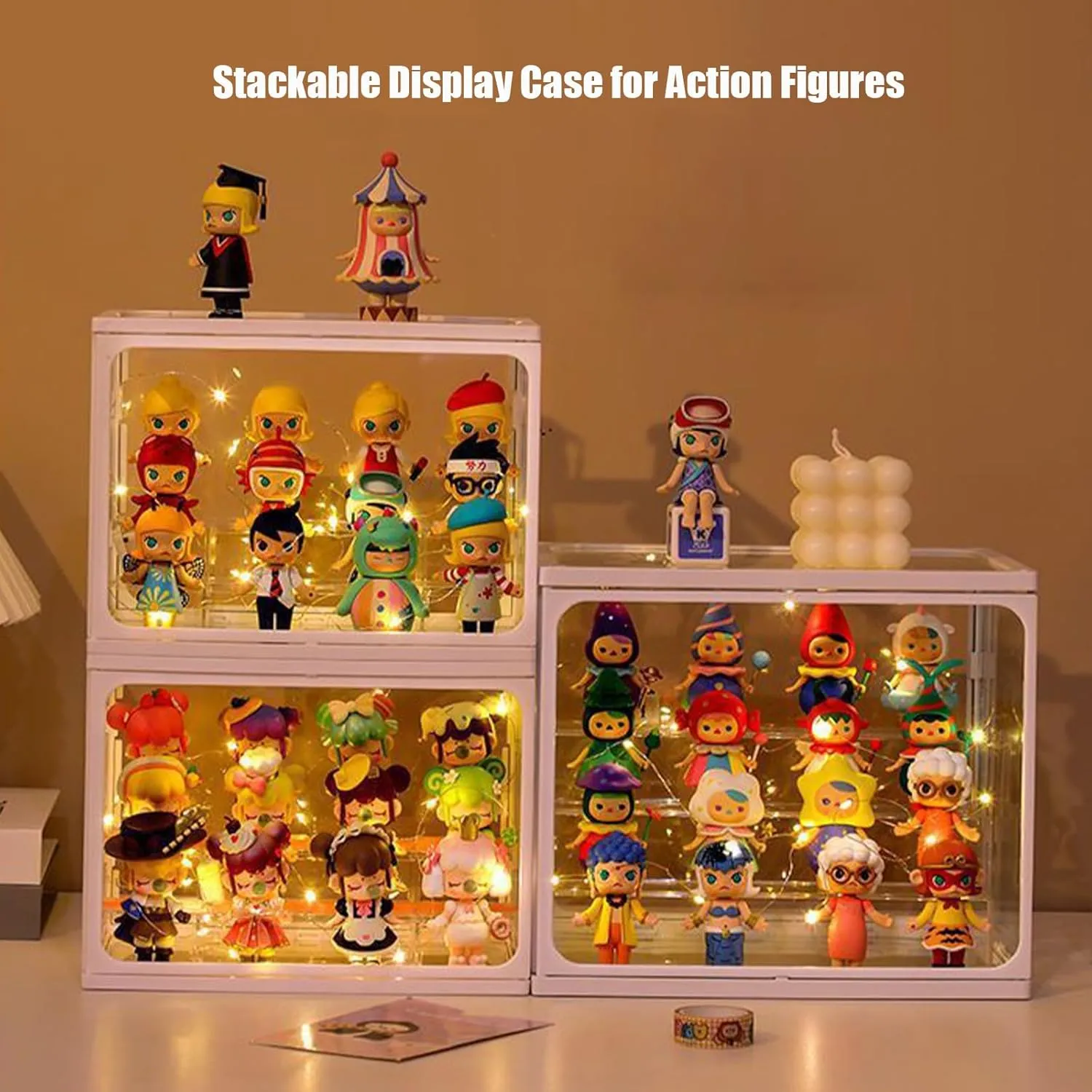 Extra Large Glass Display Case for Figures with Light 3 Tier Clear Display Stand for Collectibles Stackable Assemble Display Box for Action Figures Dustproof Clear Storage Box Showcase for Pop Mart