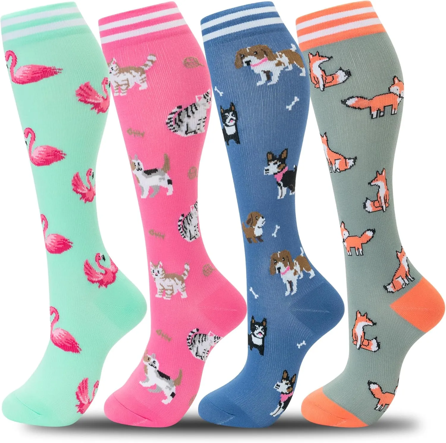 fenglaoda Compression Socks Women Men 4 Pairs, Knee High Support Socks for Running, Sports, Travel, Flight, Nurse