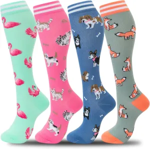 fenglaoda Compression Socks Women Men 4 Pairs, Knee High Support Socks for Running, Sports, Travel, Flight, Nurse