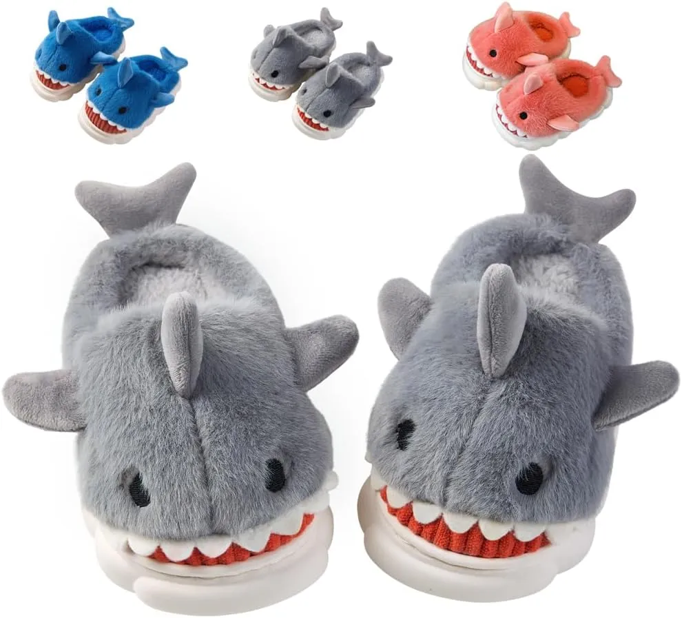 Fiedaz Boys Girls Shark Slippers for Toddler Kids - Cute Plush Warm Non-Slip Indoor Bedroom Winter Shoes