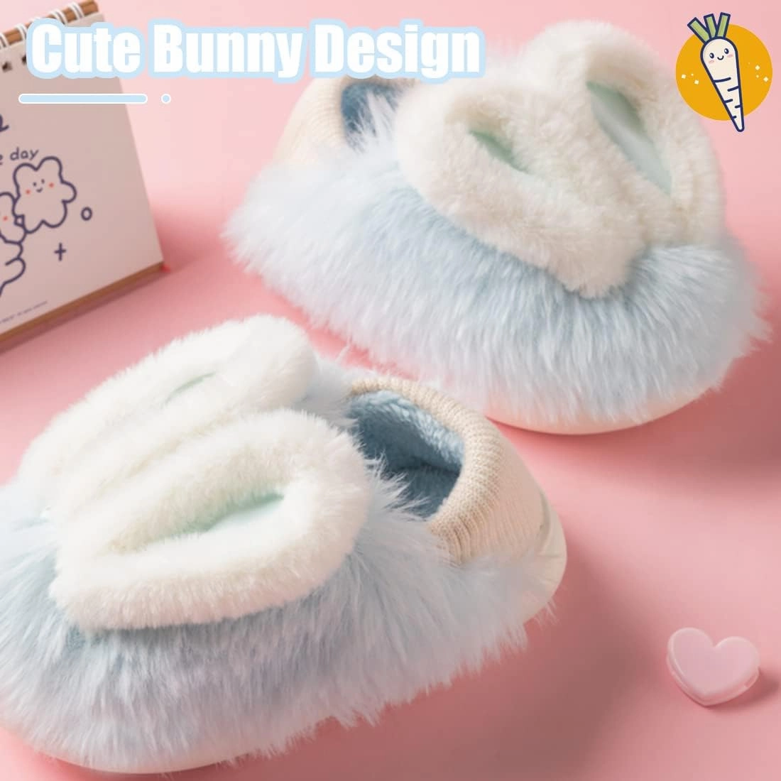 Fiedaz Girls Cute Bunny House Slippers Plush Fluffy Cozy Kids Funny Rabbit Warm Non-Slip Bedroom Slippers Pink Blue