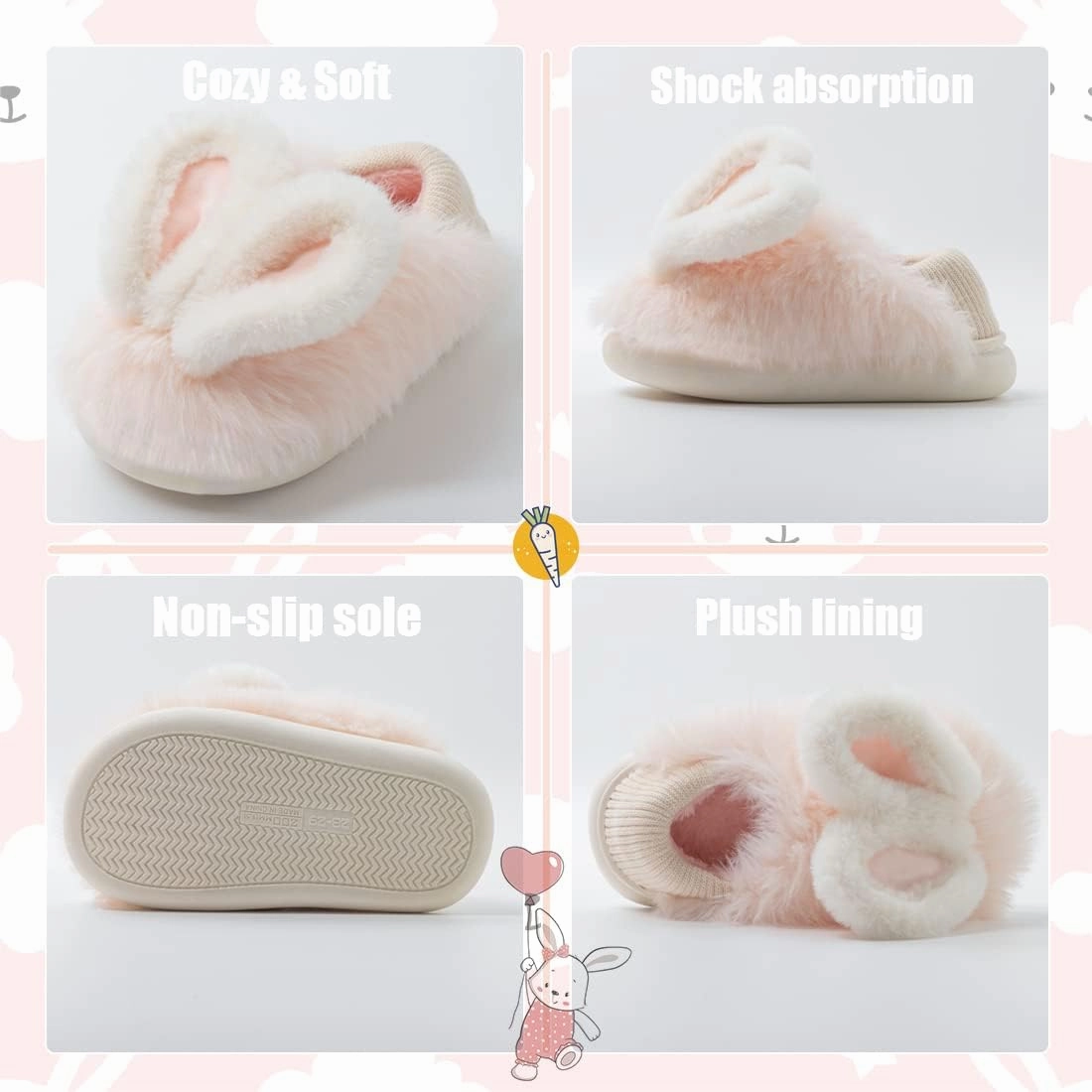 Fiedaz Girls Cute Bunny House Slippers Plush Fluffy Cozy Kids Funny Rabbit Warm Non-Slip Bedroom Slippers Pink Blue