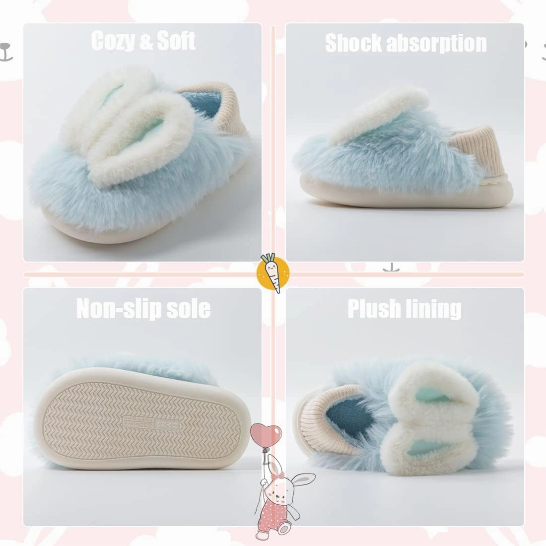 Fiedaz Girls Cute Bunny House Slippers Plush Fluffy Cozy Kids Funny Rabbit Warm Non-Slip Bedroom Slippers Pink Blue