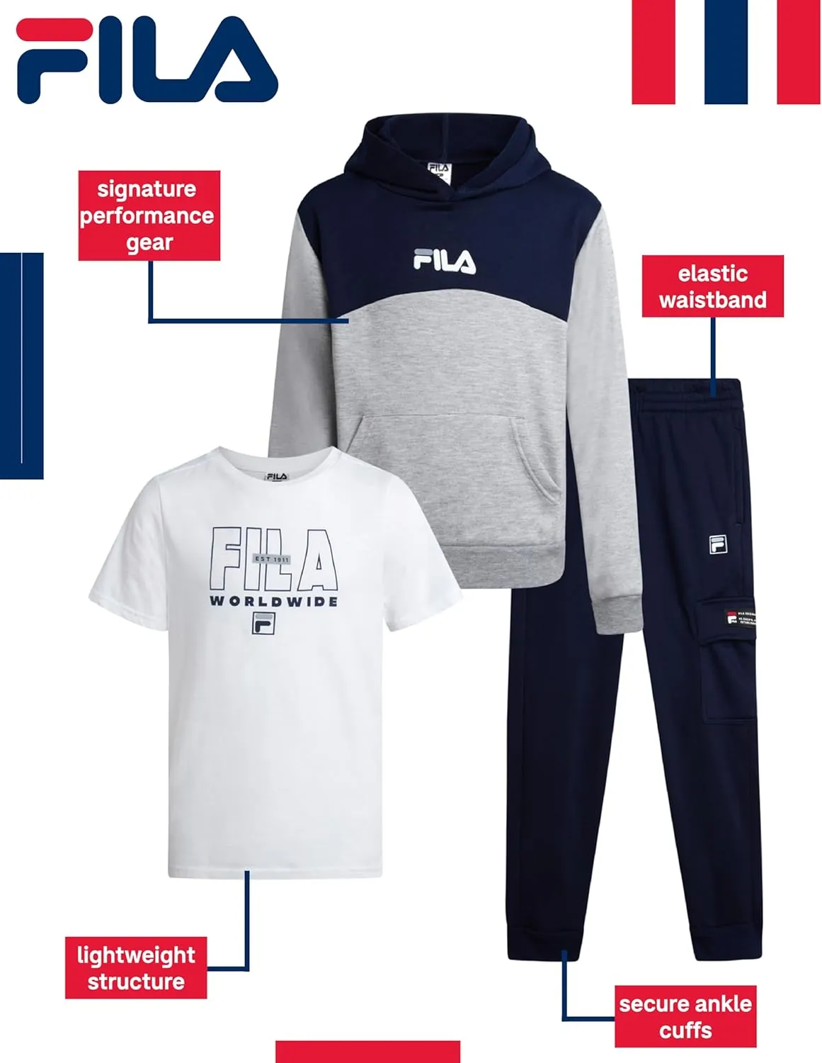 Fila Boys' Active Sweatsuit Set - 3 Piece Performance Hoodie Sweatshirt, Jogger Sweatpants, T-Shirt - Activewear Set (8-12)