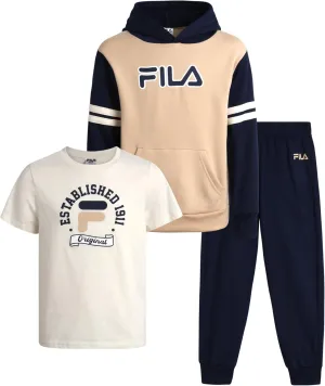 Fila Boys' Active Sweatsuit Set - 3 Piece Performance Hoodie Sweatshirt, Jogger Sweatpants, T-Shirt - Activewear Set (8-12)