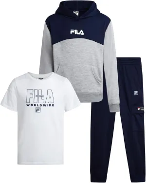 Fila Boys' Active Sweatsuit Set - 3 Piece Performance Hoodie Sweatshirt, Jogger Sweatpants, T-Shirt - Activewear Set (8-12)