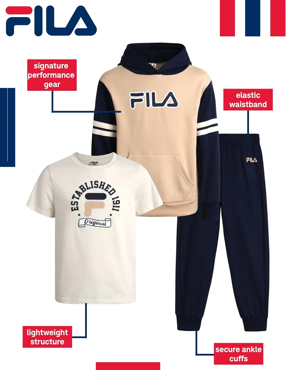 Fila Boys' Active Sweatsuit Set - 3 Piece Performance Hoodie Sweatshirt, Jogger Sweatpants, T-Shirt - Activewear Set (8-12)