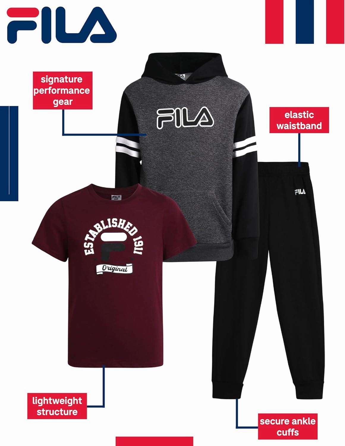 Fila Boys' Active Sweatsuit Set - 3 Piece Performance Hoodie Sweatshirt, Jogger Sweatpants, T-Shirt - Activewear Set (8-12)