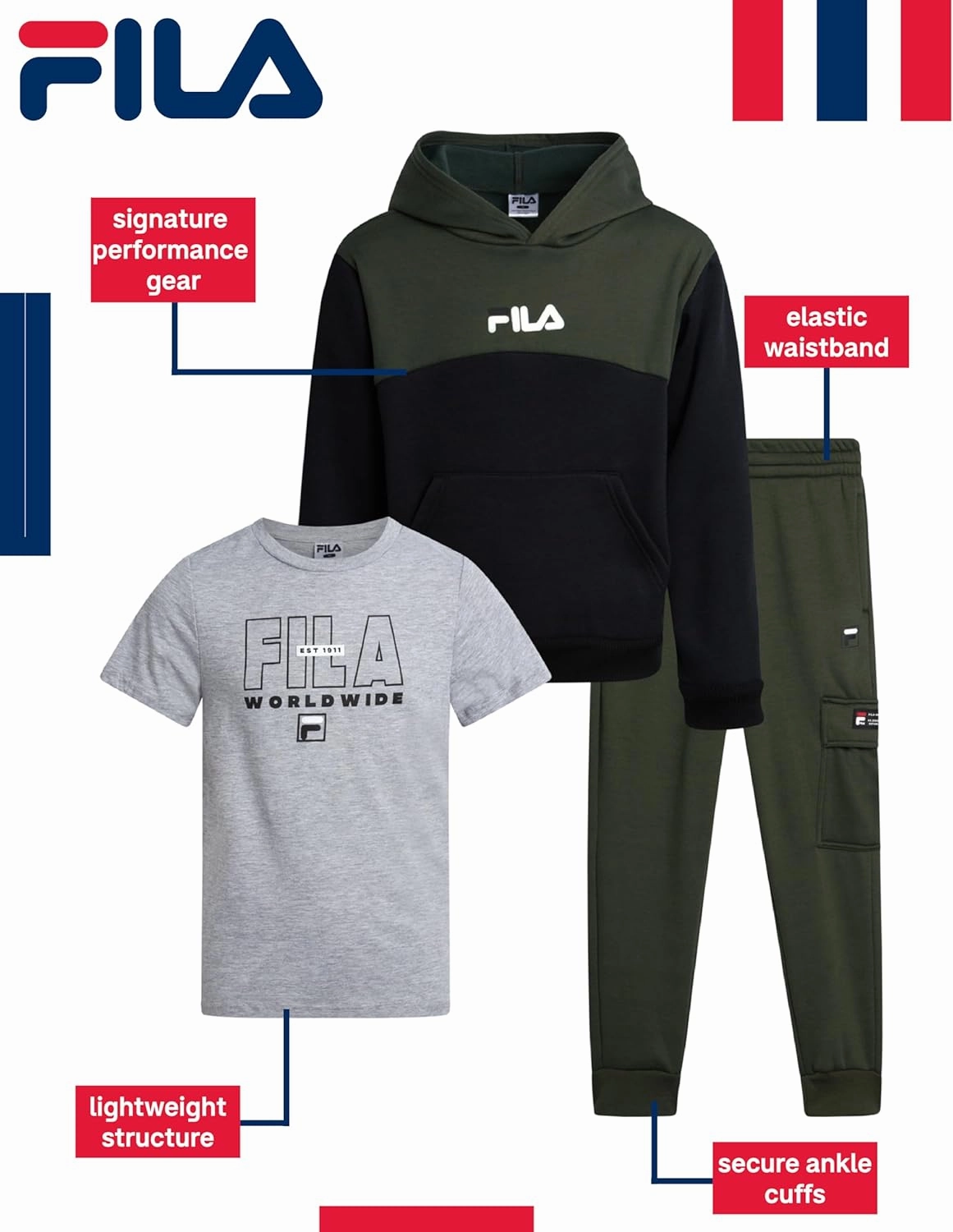 Fila Boys' Active Sweatsuit Set - 3 Piece Performance Hoodie Sweatshirt, Jogger Sweatpants, T-Shirt - Activewear Set (8-12)