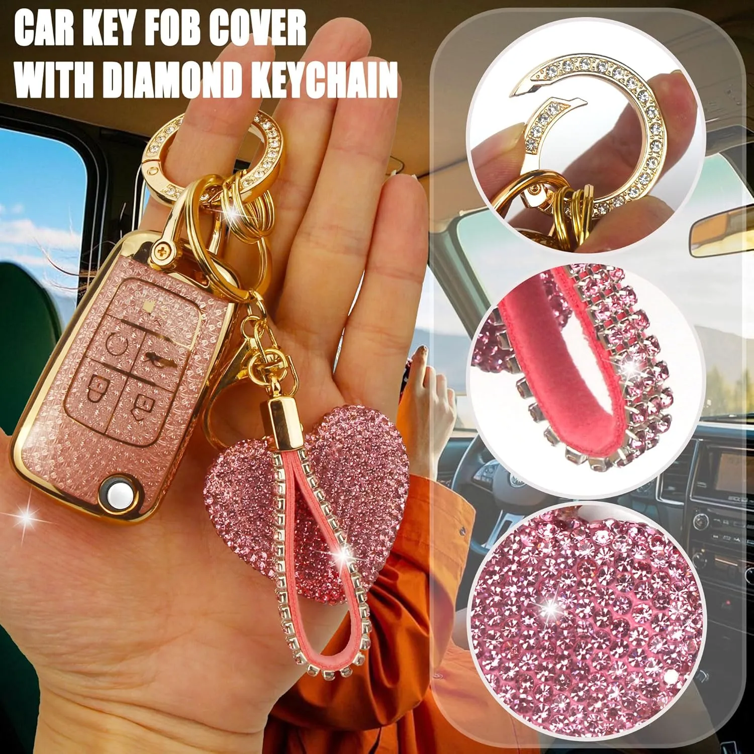 Fit for GMC Buick Key Fob Cover with Diamond Keychain, Compatible with Chevy Cruze Camaro Malibu Equinox Impala Buick Encore Regal GMC Flip Folding Key for Women (5 Buttons—Pink Heart)