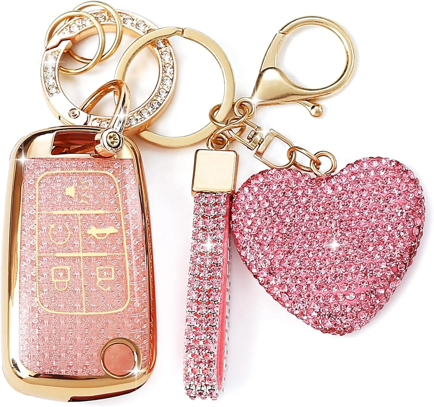 Fit for GMC Buick Key Fob Cover with Diamond Keychain, Compatible with Chevy Cruze Camaro Malibu Equinox Impala Buick Encore Regal GMC Flip Folding Key for Women (5 Buttons—Pink Heart)