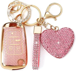 Fit for GMC Buick Key Fob Cover with Diamond Keychain, Compatible with Chevy Cruze Camaro Malibu Equinox Impala Buick Encore Regal GMC Flip Folding Key for Women (5 Buttons—Pink Heart)