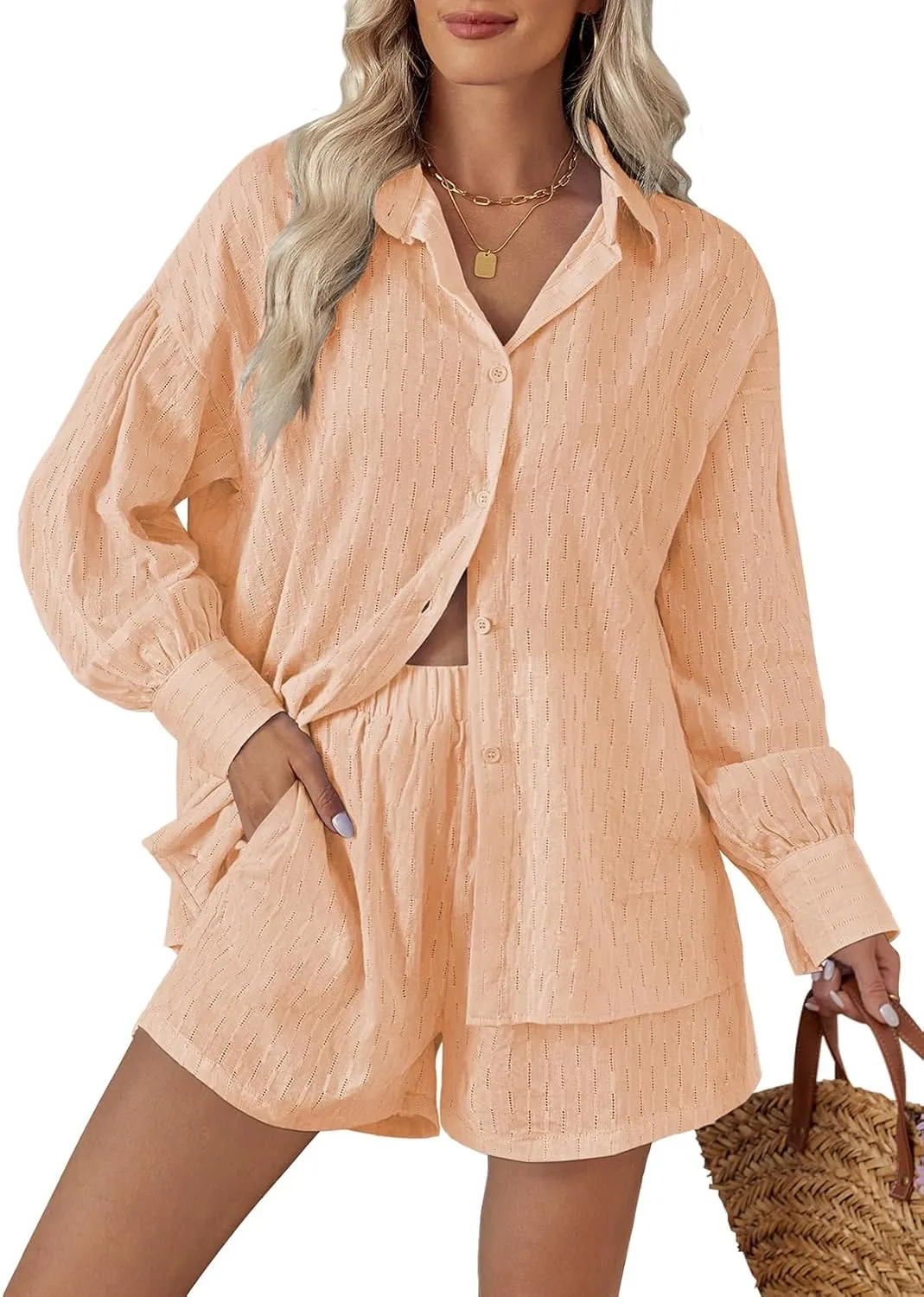 Fixmatti 2 Piece Outfits Long Sleeve Button Down Shirt and Shorts Sweatsuit Lounge Sets