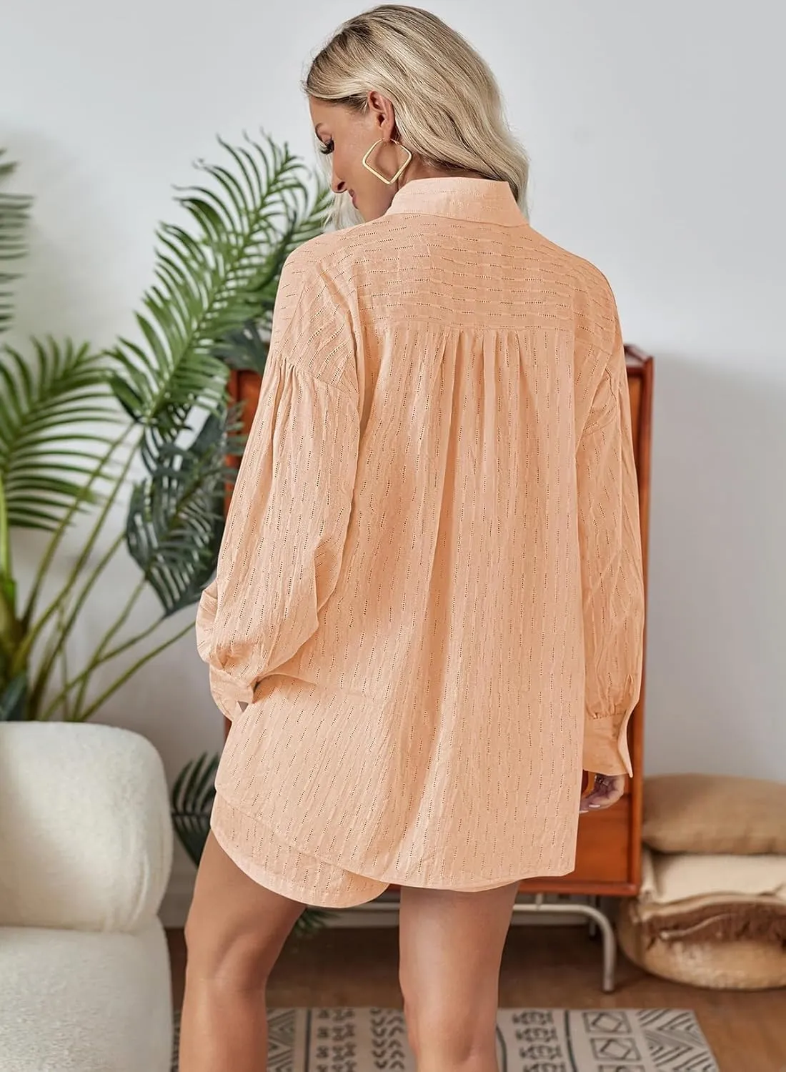 Fixmatti 2 Piece Outfits Long Sleeve Button Down Shirt and Shorts Sweatsuit Lounge Sets