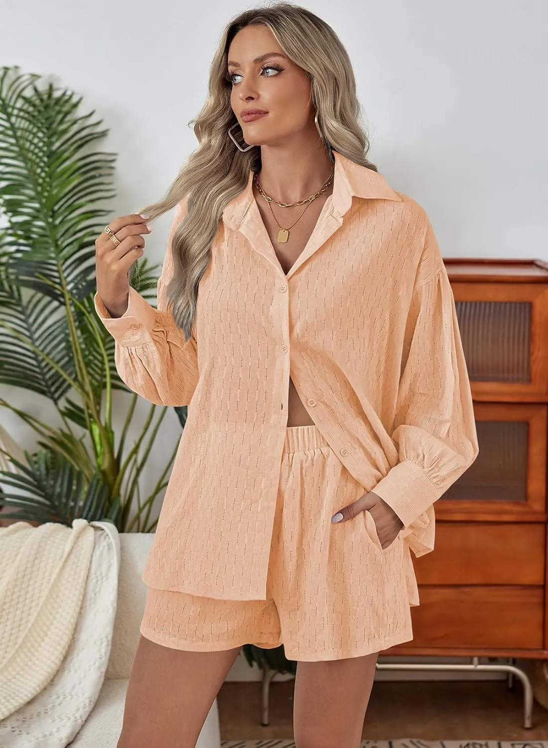 Fixmatti 2 Piece Outfits Long Sleeve Button Down Shirt and Shorts Sweatsuit Lounge Sets